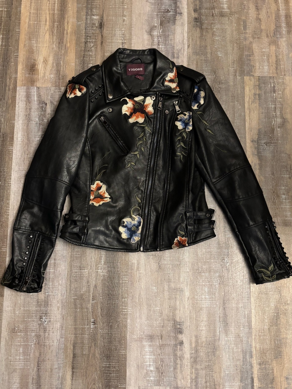 Vigoss Black Faux Leather Moto Biker Jacket, Floral Embroidered Studded, Size L